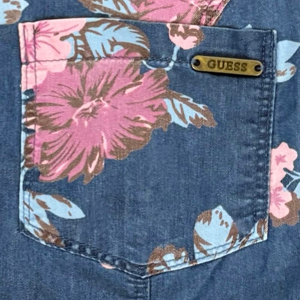 Guess Denim Floral Button Front Shirt Blue Pink Flowers Size Large100% Cotton - Picture 5 of 5